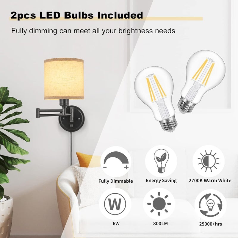 GOODATE ENCOMLI Dimmable Plug in Wall Sconces, Swing Arm Wall Lamp, Wall Sconces Set of Two, Plug in Wall Light, Sconces Wall Decor Set of 2, Linen Fabric Shade, 2pcs Bulbs Included - Image 3